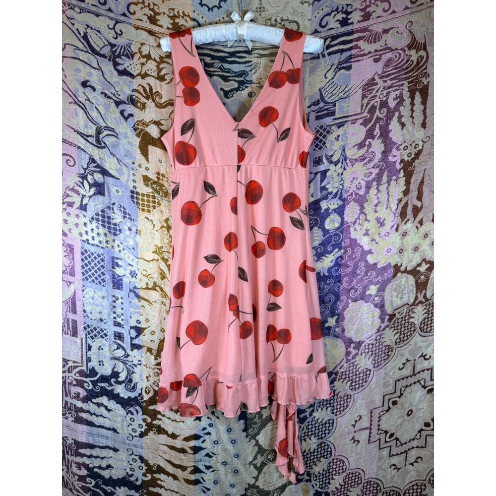 Pink Red Cherry Print Ruffle Hem Above the Knee Dress Size M - Picture 10 of 11